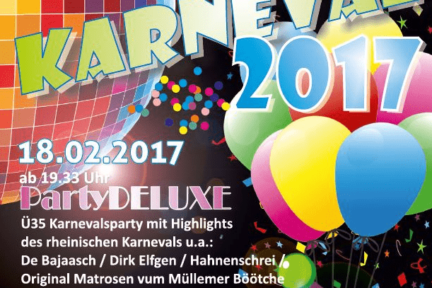 Bunt gestaltetes Plakat für die Karnevalsparty 2017 mit Informationen zu Datum, Veranstaltungsort und Künstlern.