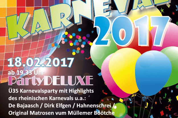Bunt gestaltetes Plakat für die Karnevalsparty 2017 mit Informationen zu Datum, Veranstaltungsort und Künstlern.