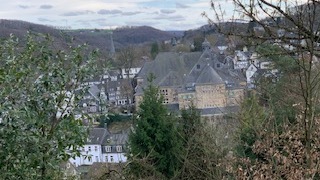 Blick auf eine kleine Stadt umgeben von Hügeln, mit historischen Gebäuden und weitläufigem Wald im Hintergrund.