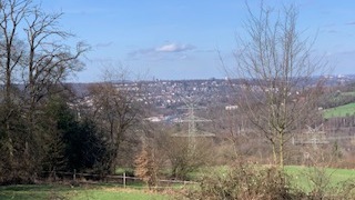 Aussicht auf eine hügelige Landschaft mit Bäumen und einem kleinen Ort im Hintergrund unter einem blauen Himmel.
