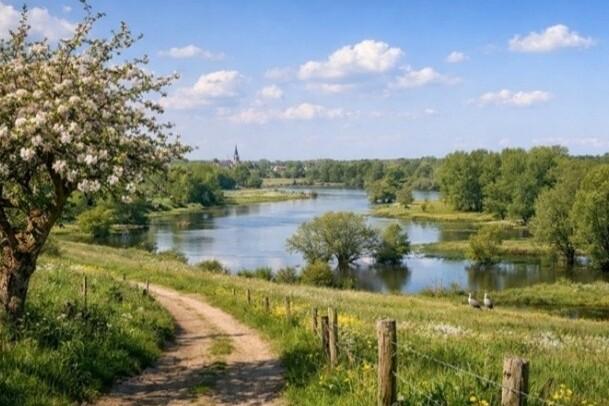 Wanderweg umbgeben von Wiese und Teichen