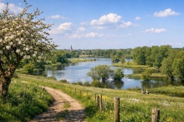 Wanderweg umbgeben von Wiese und Teichen