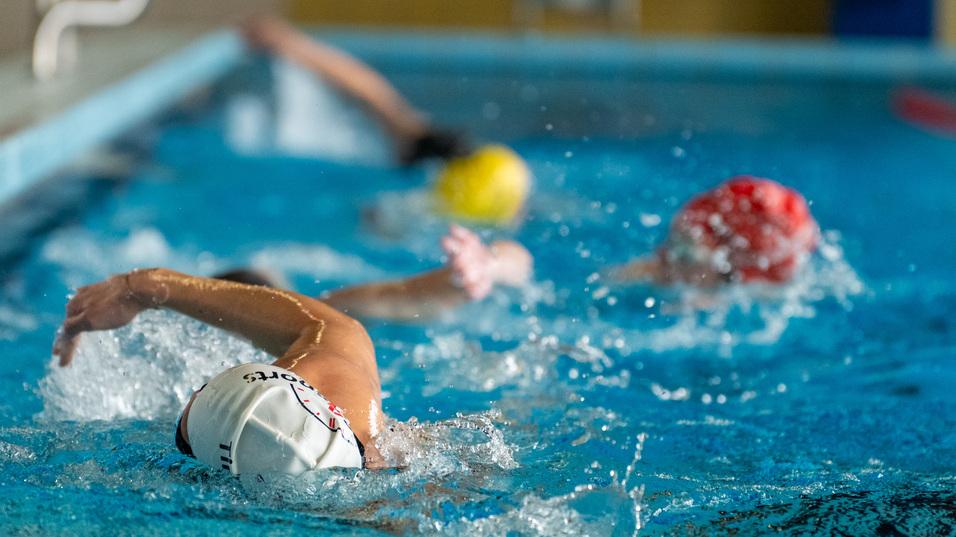 Hallenbad mit drei Schwimmern, die kraulen