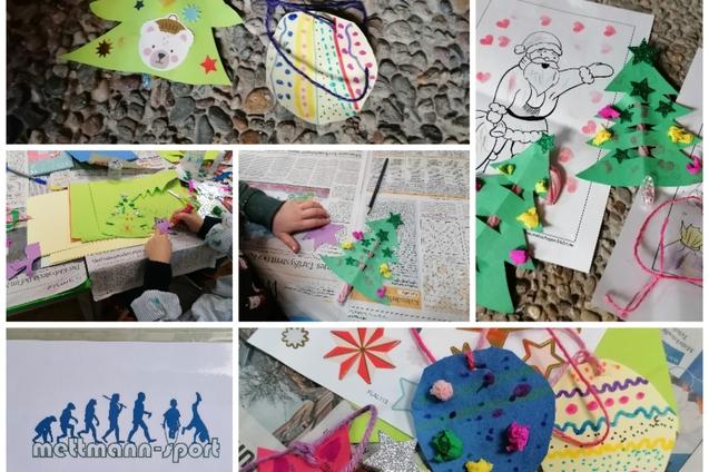 Bunte Weihnachtsbaumschmuck bastelt auf Zeitungspapier, inklusive Sterne, Kugeln und Tannenbäume aus Papier.