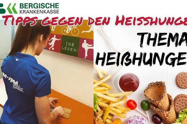 Logo der Gesundheitskampagne „Sei aktiv – bleib gesund!“ mit Tipps gegen Heißhunger und einer Person, die eine Notiz macht.