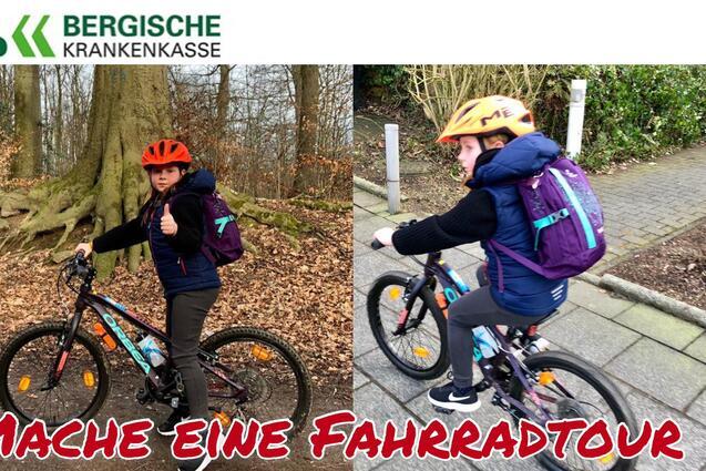 Kind mit orangefarbenem Helm gibt Daumen hoch auf Mountainbike im Wald, daneben Kind f&auml;hrt auf Radweg. Banner oben mit Aktivit&auml;tsaufforderung.