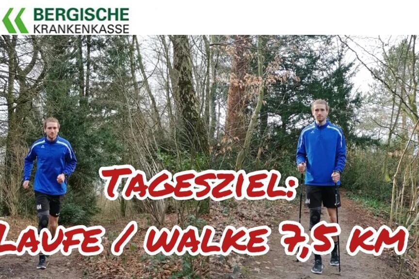 oben: Logo einer Gesundheitsinitiative, unten: Jogger in blauer Jacke in der Natur, Ziel: 7,5 km laufen oder walken.
