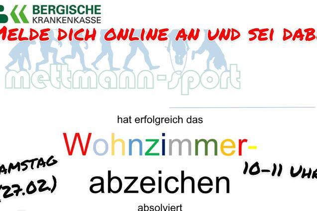 Banner f&uuml;r eine Sportveranstaltung: Informationen &uuml;ber Anmeldung zum "Wohnzimmerabzeichen" und aktives Mitmachen.