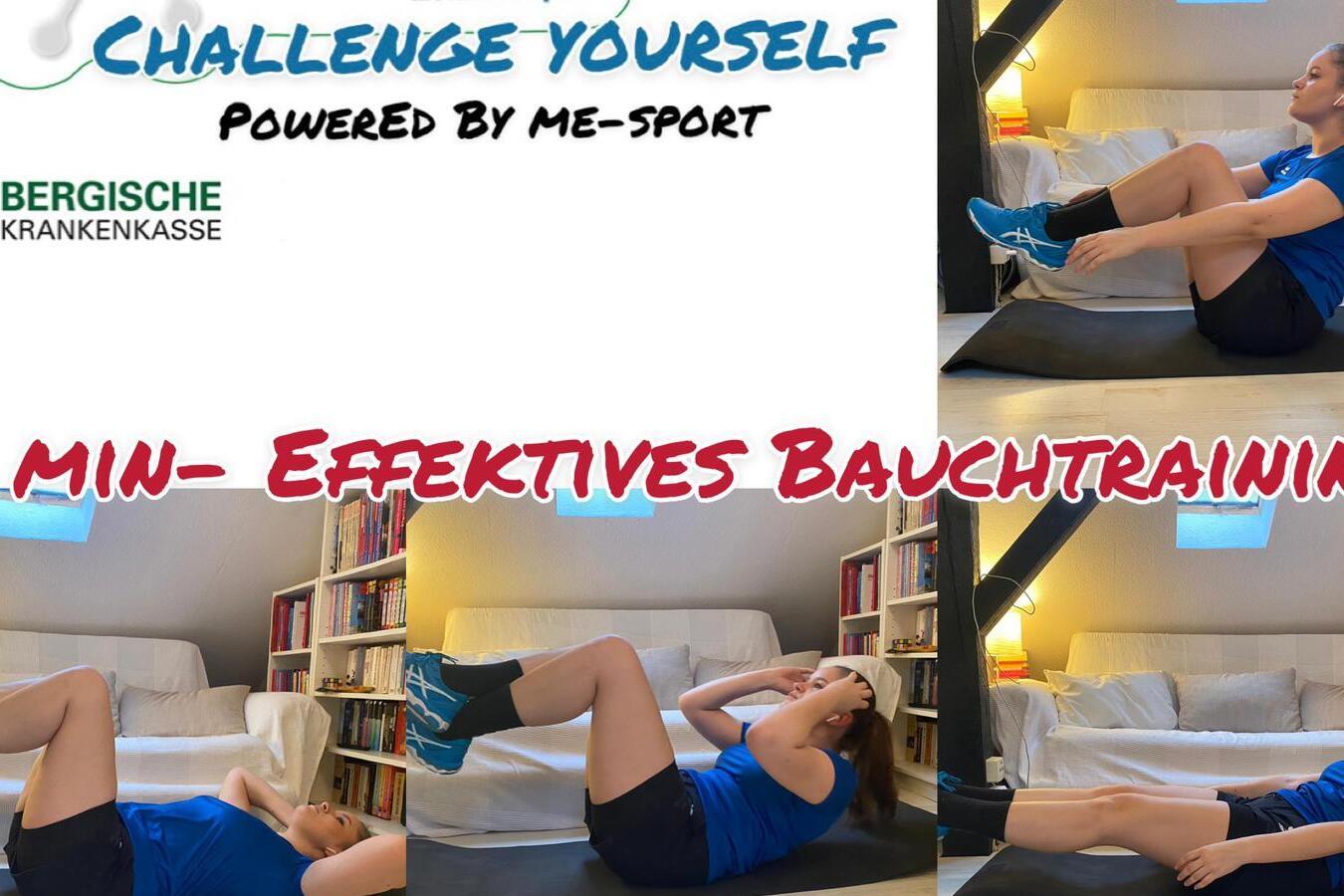 Frau in Sportkleidung demonstriert verschiedene Bauch&uuml;bungen auf einer Fitnessmatte in einem Wohnzimmer.