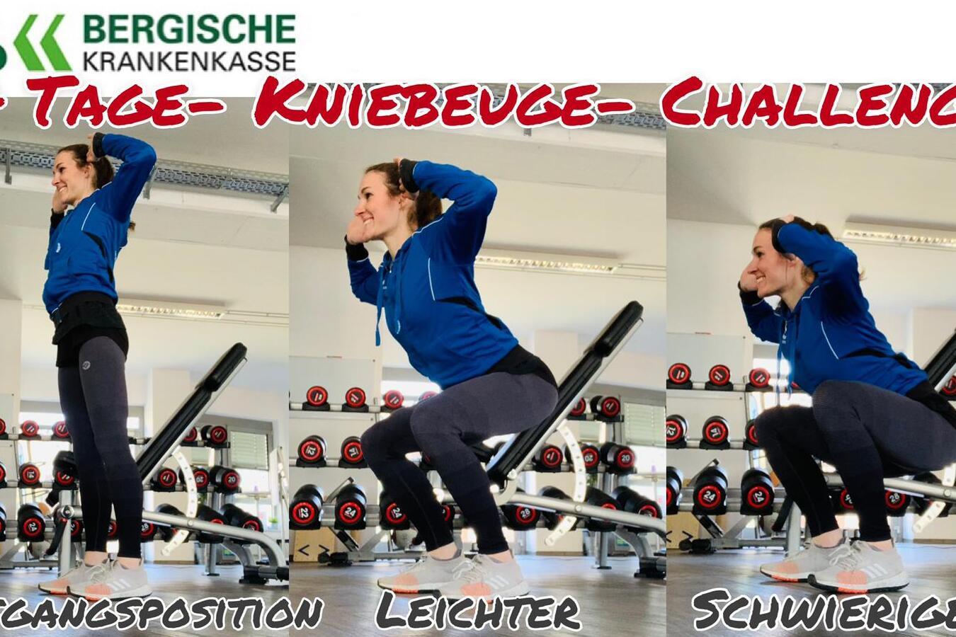 Bild zeigt drei verschiedene Positionen einer Frau beim Kniebeugen: Ausgangsposition, leichter und schwieriger.