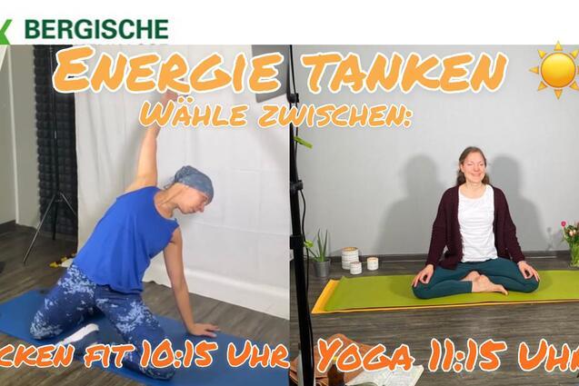 Zwei Frauen bei Online-Workout: links Yoga-&Uuml;bung, rechts sitzend in Meditationshaltung, mit Zeitangaben f&uuml;r Kurse.