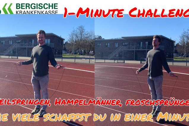 Mann mit Springseil auf einer Laufbahn, neben Text mit sportlichen Herausforderungen für die 1-Minute-Challenge.