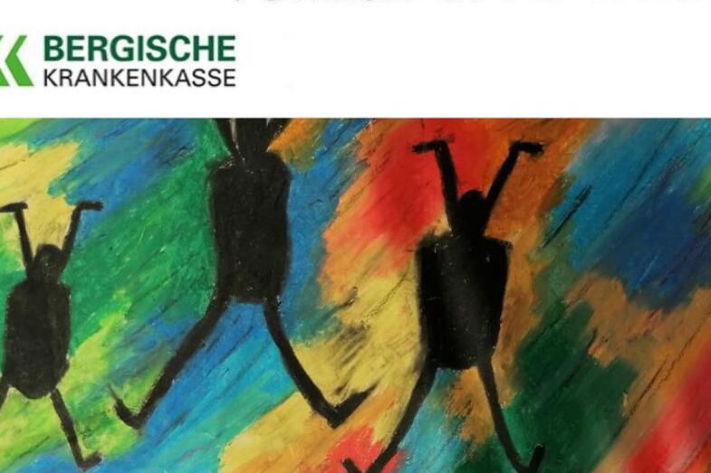 Grafik mit dem Text "Sei aktiv - bleib gesund!" und bunten Figuren in Bewegung auf farbigem Hintergrund.