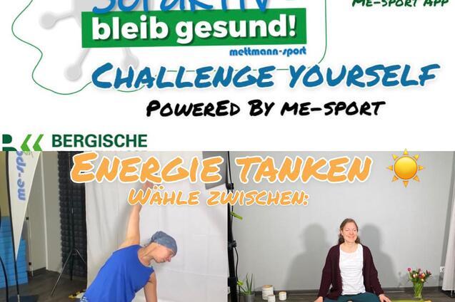 Zwei Frauen bei Online-Workout: links Yoga-Übung, rechts sitzend in Meditationshaltung, mit Zeitangaben für Kurse.