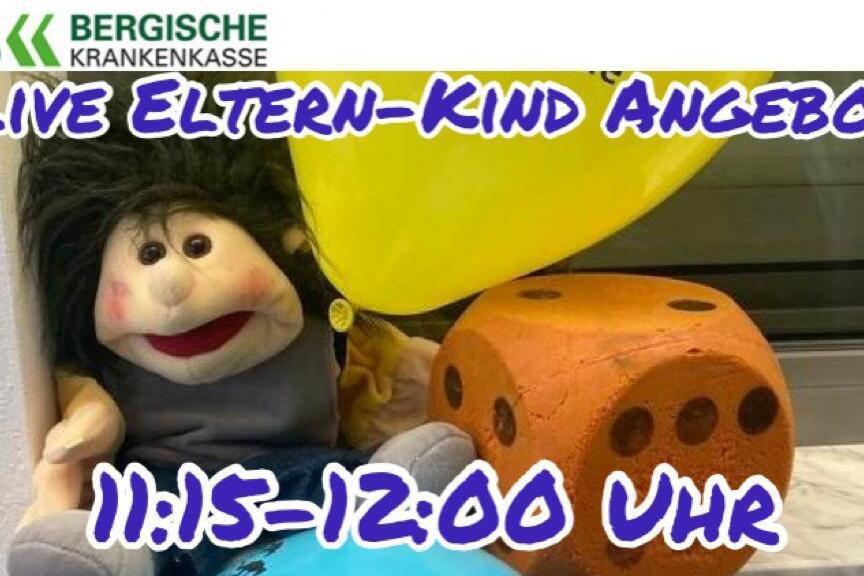 Plakat f&uuml;r eine Veranstaltung mit einem Frosch-Puppenmaskottchen, gelben Ballon und orangefarbenem W&uuml;rfel.