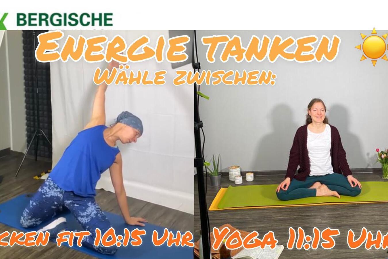 Zwei Frauen bei Online-Workout: links Yoga-&Uuml;bung, rechts sitzend in Meditationshaltung, mit Zeitangaben f&uuml;r Kurse.
