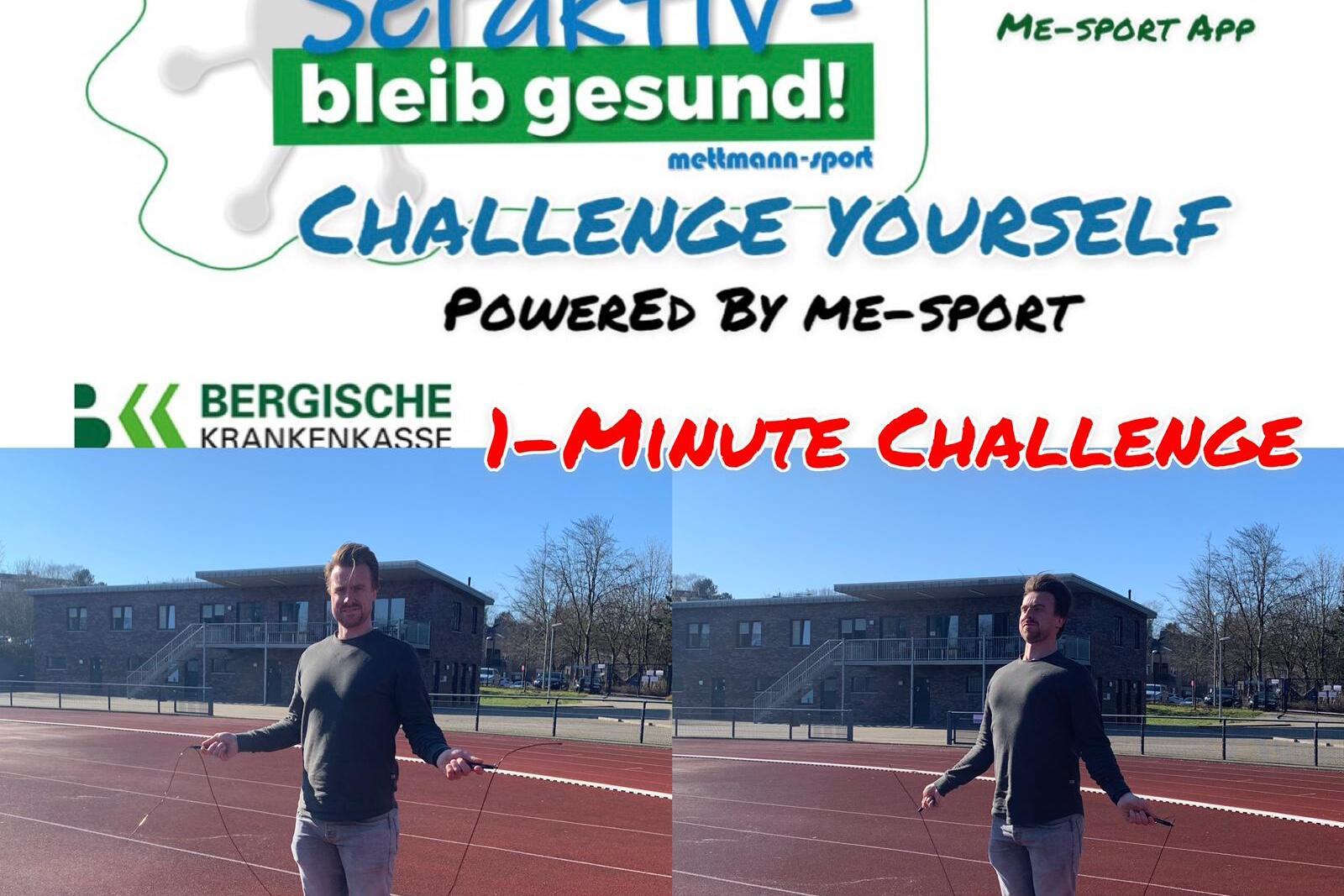 Mann mit Springseil auf einer Laufbahn, neben Text mit sportlichen Herausforderungen für die 1-Minute-Challenge.