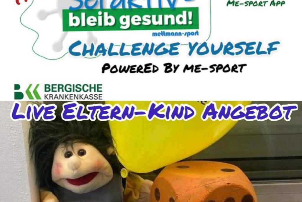 Plakat für eine Veranstaltung mit einem Frosch-Puppenmaskottchen, gelben Ballon und orangefarbenem Würfel.