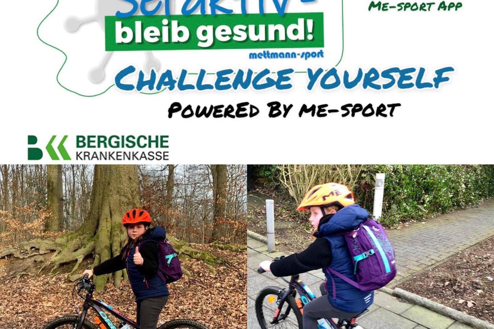 Kind mit orangefarbenem Helm gibt Daumen hoch auf Mountainbike im Wald, daneben Kind fährt auf Radweg. Banner oben mit Aktivitätsaufforderung.