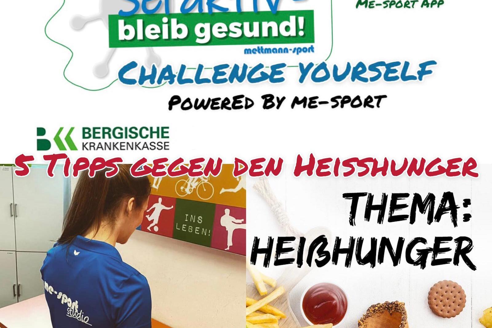 Logo der Gesundheitskampagne „Sei aktiv – bleib gesund!“ mit Tipps gegen Heißhunger und einer Person, die eine Notiz macht.