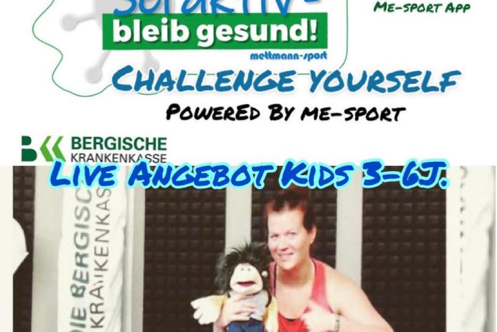 Banner für ein Online-Kinderprogramm mit Informationen zu einer Aktivitäts-Challenge, inklusive Zeit und Materialien.