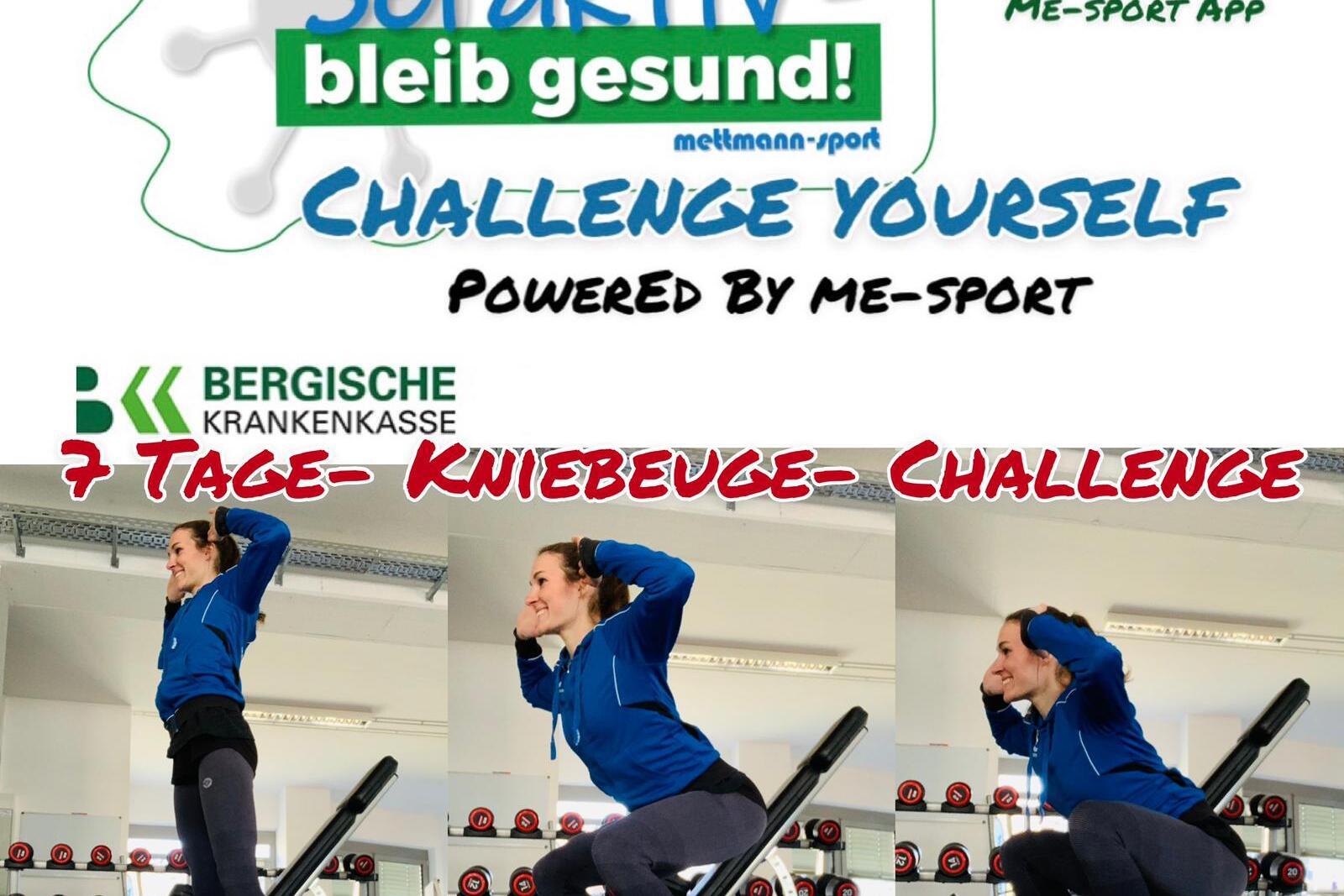 Bild zeigt drei verschiedene Positionen einer Frau beim Kniebeugen: Ausgangsposition, leichter und schwieriger.