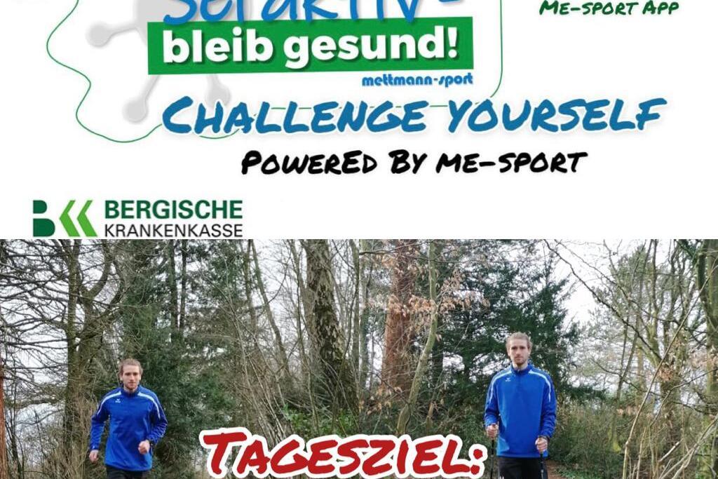 oben: Logo einer Gesundheitsinitiative, unten: Jogger in blauer Jacke in der Natur, Ziel: 7,5 km laufen oder walken.