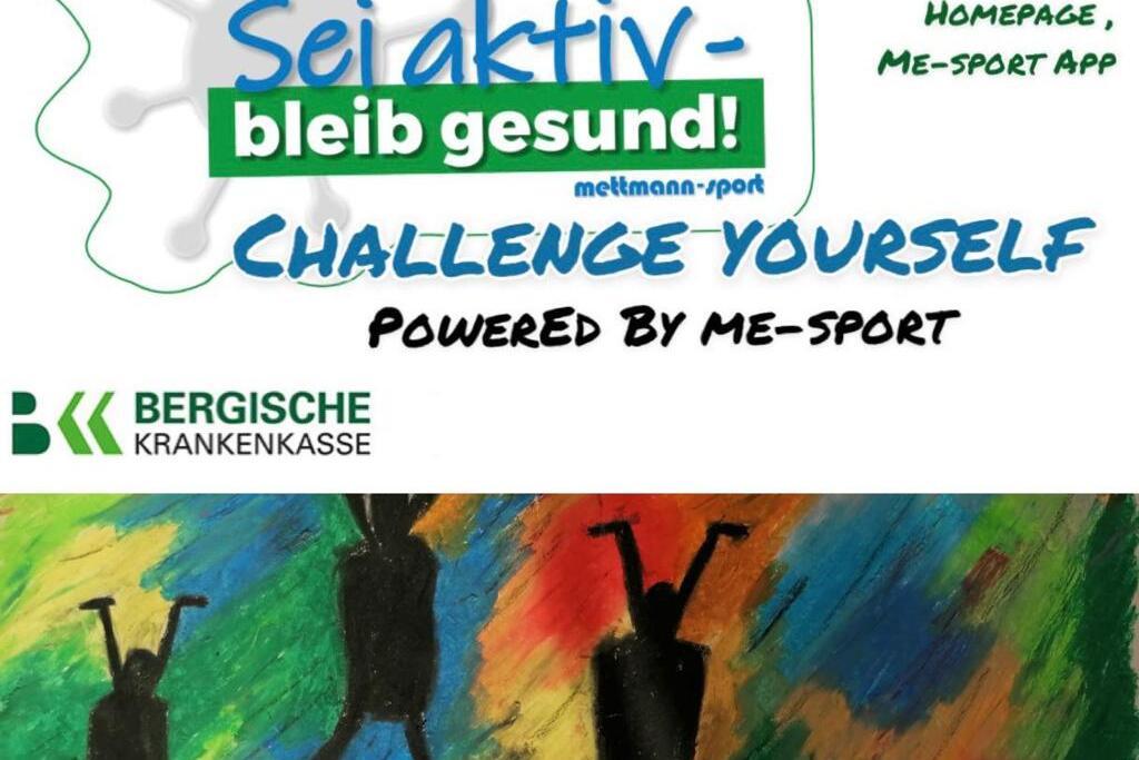 Grafik mit dem Text "Sei aktiv - bleib gesund!" und bunten Figuren in Bewegung auf farbigem Hintergrund.