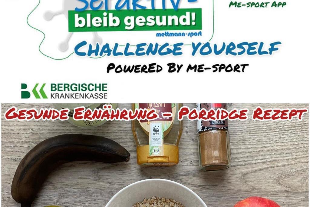 Grafik mit dem Titel „Sei aktiv - bleib gesund!“ und Zutaten für Porridge: Haferflocken, Obst und Gewürze auf Holzuntergrund.