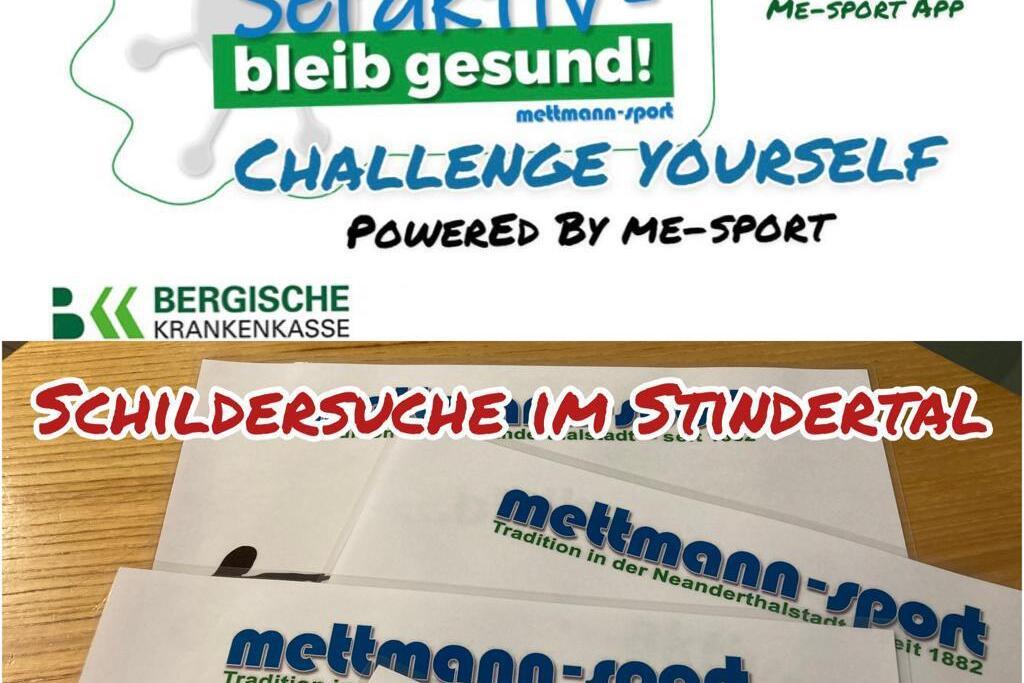 Logo und Werbematerial für die Aktion „Sei aktiv – bleib gesund!“ von Mettmann-Sport mit Hinweisen zur Teilnahme.