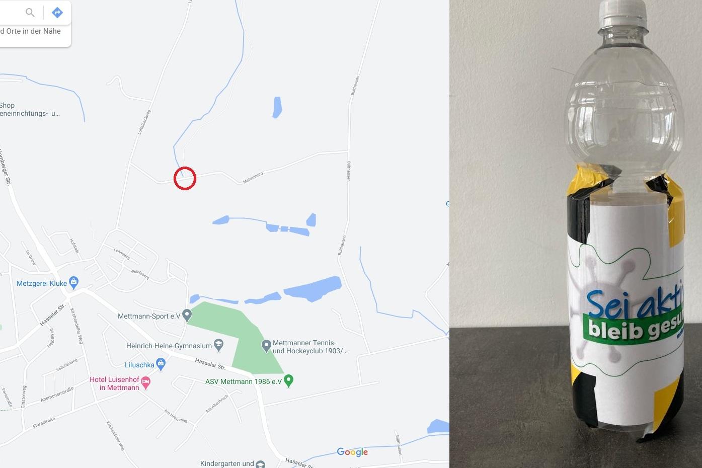 Eine Wasserflasche mit einem bunten Aufkleber, der „Sei aktiv, bleib gesund“ zeigt, steht auf einem Tisch.