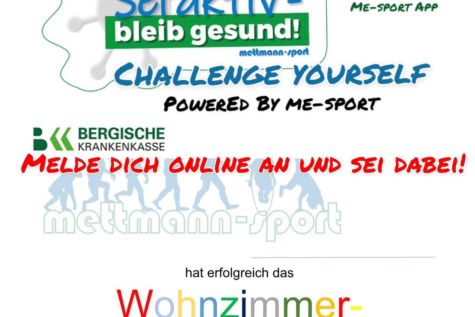 Banner für eine Sportveranstaltung: Informationen über Anmeldung zum "Wohnzimmerabzeichen" und aktives Mitmachen.