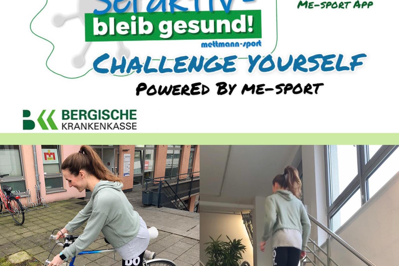 Eine Frau in Sportkleidung sitzt auf einem Fahrrad und joggt vor einer modernen Gebäudeumgebung.