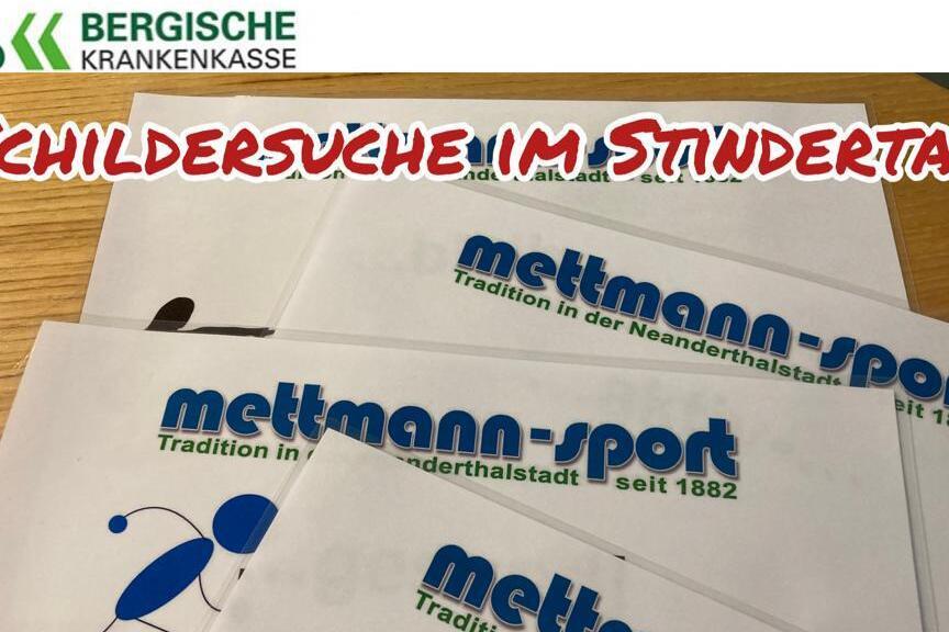 Logo und Werbematerial f&uuml;r die Aktion &bdquo;Sei aktiv &ndash; bleib gesund!&ldquo; von Mettmann-Sport mit Hinweisen zur Teilnahme.