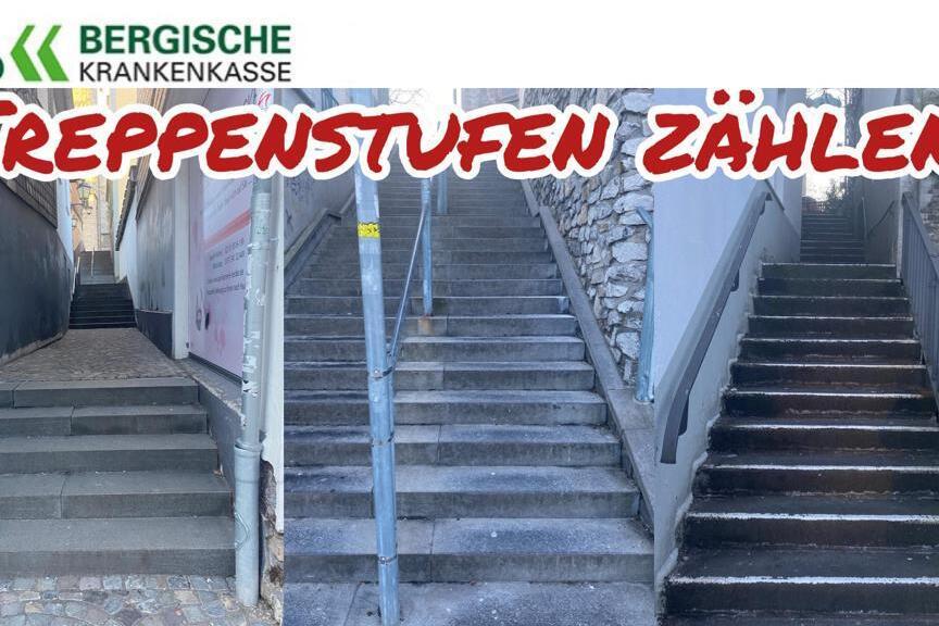 Grafik mit dem Text "Treppenstufen z&auml;hlen" &uuml;ber zwei Bildern unterschiedlicher Treppen mit Gel&auml;nder.