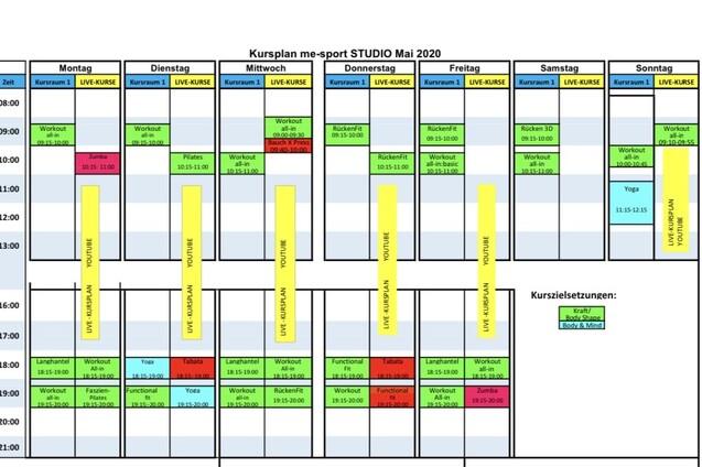 Kursplan für Mai 2020 mit variierenden Fitnesskursen über die Woche, eingeteilt nach Tagen und Zeiten.