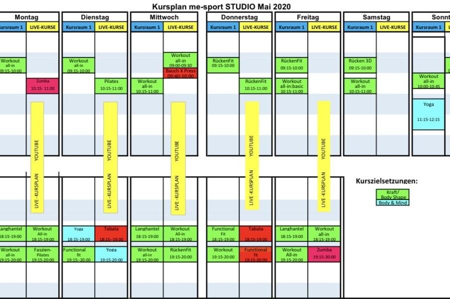 Kursplan f&uuml;r Mai 2020 mit variierenden Fitnesskursen &uuml;ber die Woche, eingeteilt nach Tagen und Zeiten.