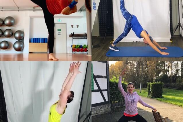 Collage aus vier Fitness-Szenen: Frauen in verschiedenen Übungen, darunter Kickboxen, Yoga und Dehnung im Freien.