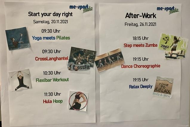 Monatlicher Kursplan für Fitnessaktivitäten mit Zeiten und Übungshinweisen, auf zwei Blättern präsentiert.