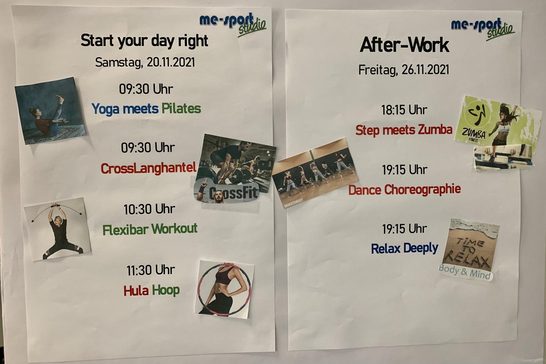 Monatlicher Kursplan für Fitnessaktivitäten mit Zeiten und Übungshinweisen, auf zwei Blättern präsentiert.