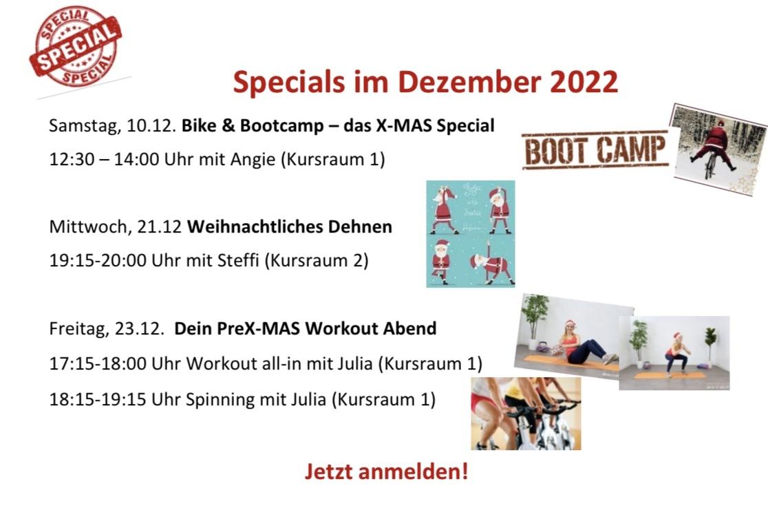 Liste der Fitness-Specials im Dezember 2022 mit Terminen und Kursleitern, begleitet von weihnachtlichen Bildern.