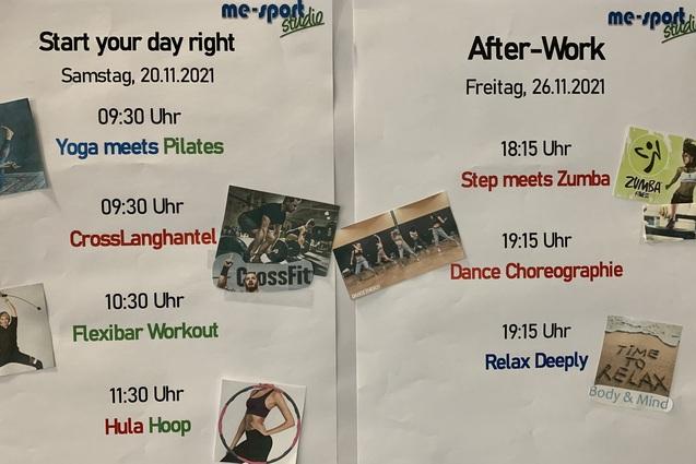 Monatlicher Kursplan f&uuml;r Fitnessaktivit&auml;ten mit Zeiten und &Uuml;bungshinweisen, auf zwei Bl&auml;ttern pr&auml;sentiert.