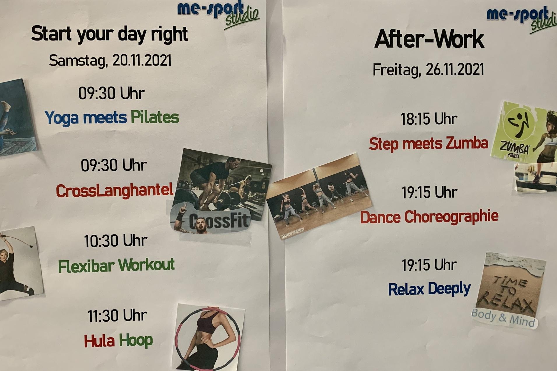 Monatlicher Kursplan f&uuml;r Fitnessaktivit&auml;ten mit Zeiten und &Uuml;bungshinweisen, auf zwei Bl&auml;ttern pr&auml;sentiert.