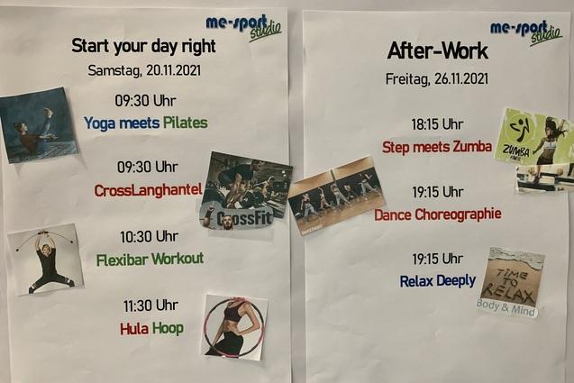Monatlicher Kursplan f&uuml;r Fitnessaktivit&auml;ten mit Zeiten und &Uuml;bungshinweisen, auf zwei Bl&auml;ttern pr&auml;sentiert.