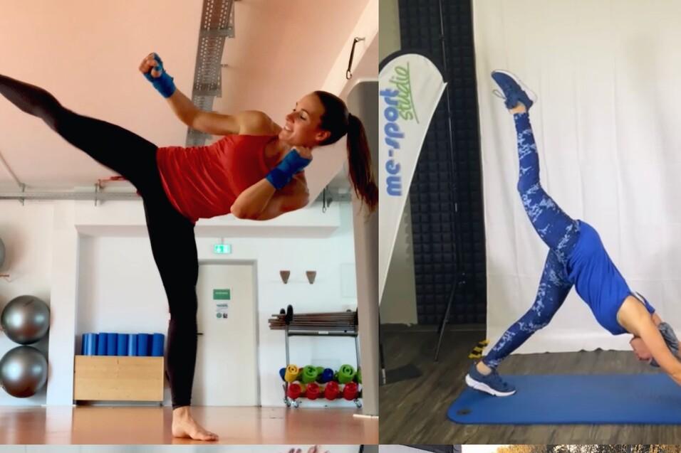 Collage aus vier Fitness-Szenen: Frauen in verschiedenen Übungen, darunter Kickboxen, Yoga und Dehnung im Freien.