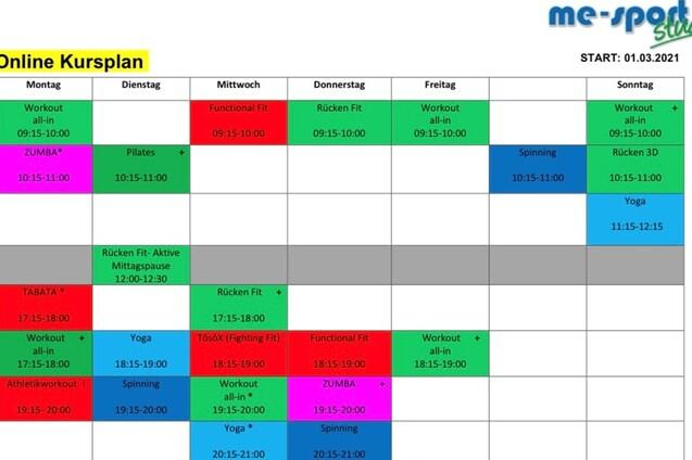 Kursplan f&uuml;r Online-Workouts mit Terminen von Montag bis Sonntag, inklusive Zeiten und Kursarten.