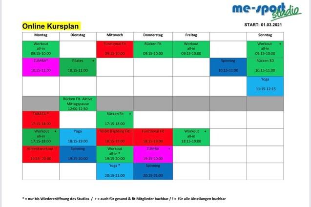 Kursplan für Online-Workouts mit Terminen von Montag bis Sonntag, inklusive Zeiten und Kursarten.