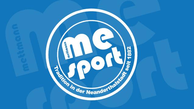 Logo von "me sport" in Blau und Weiß, mit dem Schriftzug "Tradition in der Neanderthalstadt seit 1882".