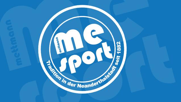 Logo von "me sport" in Blau und Weiß, mit dem Schriftzug "Tradition in der Neanderthalstadt seit 1882".