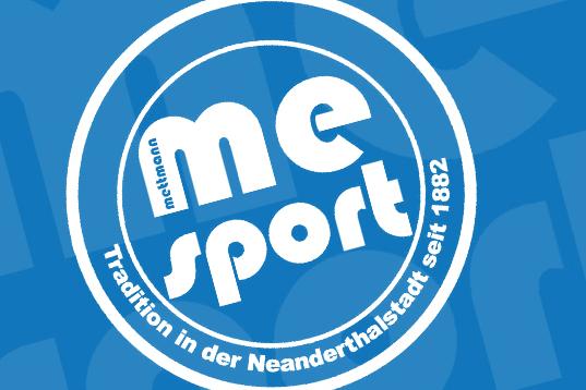Logo von "me sport" in Blau und Weiß, mit dem Schriftzug "Tradition in der Neanderthalstadt seit 1882".